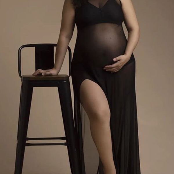 Momnfancy Black Mesh Off Shoulder Side Slit Beach Cover-ups Fashion Photoshoot Maternity Maxi Dress