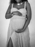 Momnfancy Off Shoulder Suspender Skirt Bronzing Side Slit Baby Shower Ball Gown Prom Photoshoot Maternity Maxi Dress