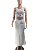 Momnfancy White Off Shoulder Cascading Ruffle Drawstring Crop Bodycon Open Belly Chic Two Piece Photoshoot Maternity Maxi Dress