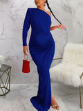 Momnfancy Side Slit Single Sleeve Belly Friendly Oblique Shoulder Ruched Babyshower Maternity Maxi Dress