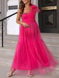 Momnfancy Tulle One Shoulder Bow Bandeau Elegant Photoshoot Gown Baby Shower Maternity Maxi Dress