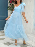Momnfancy Tulle One Shoulder Bow Bandeau Elegant Photoshoot Gown Baby Shower Maternity Maxi Dress