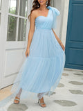 Momnfancy Tulle One Shoulder Bow Bandeau Elegant Photoshoot Gown Baby Shower Maternity Maxi Dress