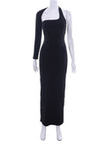 Momnfancy Black Bodycon Halter Neck Oblique Shoulder Open Back Single Sleeve Babyshower Maternity Maxi Dress