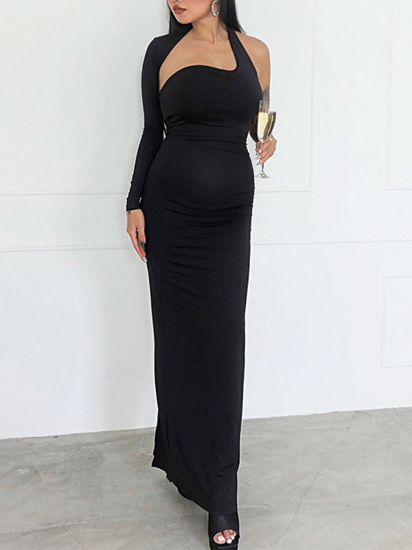 Momnfancy Black Bodycon Halter Neck Oblique Shoulder Open Back Single Sleeve Babyshower Maternity Maxi Dress