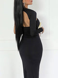 Momnfancy Black Bodycon Halter Neck Oblique Shoulder Open Back Single Sleeve Babyshower Maternity Maxi Dress