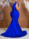 Momnfancy Ruched Solid Color Mermaid V-neck Bodycon Elegant Photoshoot Gown Baby Shower Maternity Maxi Dress