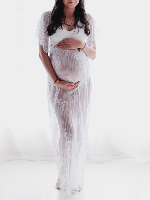 Momnfancy White Lace Sheer V-neck Short Sleeve Elegant Photoshoot Gown Maternity Maxi Dress
