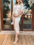 Momnfancy Champagne Ruffle Satin Irregular V-Neck Party Gown Elegant Photoshoot Maternity Baby Shower Maxi Dress