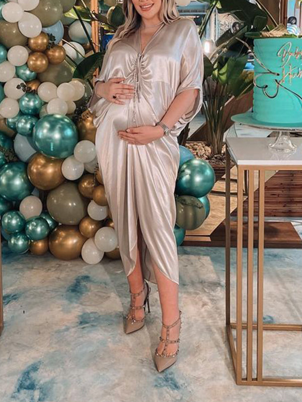 Momnfancy Champagne Ruffle Satin Irregular V-Neck Party Gown Elegant Photoshoot Maternity Baby Shower Maxi Dress