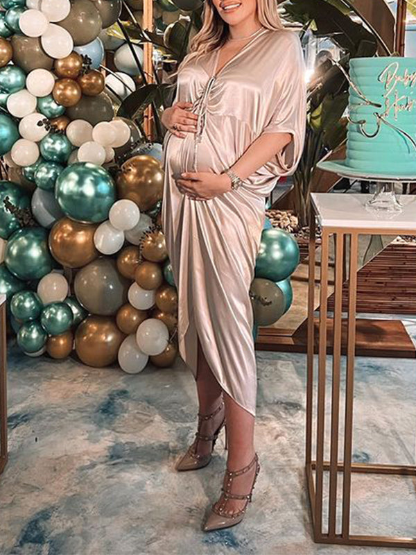 Momnfancy Champagne Ruffle Satin Irregular V-Neck Party Gown Elegant Photoshoot Maternity Baby Shower Maxi Dress