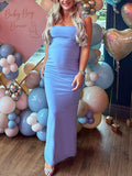 Momnfancy Blue Bandeau Belly Friendly Backless Ruched Condole Belt Babyshower Maternity Maxi Dress