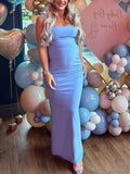 Momnfancy Blue Bandeau Belly Friendly Backless Ruched Condole Belt Babyshower Maternity Maxi Dress