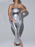 Momnfancy Silver Spaghetti Strap Ruched Backless Belly Friendly Bodycon Photoshoot Maternity Maxi Dress