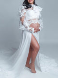 Momnfancy Side Slit Lace Chiffon Bow Puff Sleeve Two Piece Photoshoot Maternity Maxi Dress