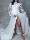 Momnfancy Side Slit Lace Chiffon Bow Puff Sleeve Two Piece Photoshoot Maternity Maxi Dress