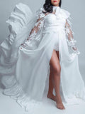 Momnfancy Side Slit Lace Chiffon Bow Puff Sleeve Two Piece Photoshoot Maternity Maxi Dress