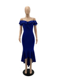 Momnfancy Blue Off Shoulder Ruffle Irregular Bodycon Party Prom Evening Elegant Maternity Baby Shower Maxi Dress