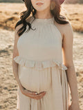 Momnfancy Apricot Ruffle Tie Back Off-shoulder Big Swing Round Neck Elegant Photoshoot Baby Shower Maternity Maxi Dress