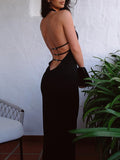 Momnfancy Black Irregular Backless Slit Buckle Bodycon Halter Neck Elegant Evening Baby Shower Maternity Maxi Dress
