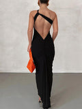 Momnfancy Irregular Backless Off-shoulder Bodycon Ruched Oblique Shoulder Elegant Evening Photoshoot Baby Shower Maternity Maxi Dress