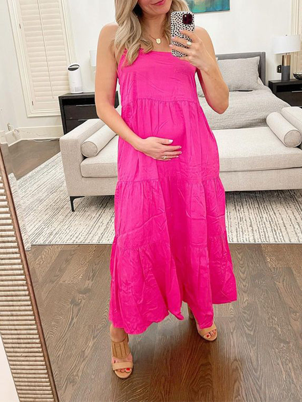 Momnfancy Ruched Irregular One Shoulder Cascading Ruffle Boho Party Sundresses Baby Shower Maternity Maxi Dress