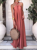 Momnfancy Elegant Big Swing Backless Halter Neck Flowy Cutout Holiday Occasion Maternity Maxi Dress