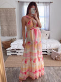 Momnfancy Elegant Pink Tie Dye Gradient Color Multi Way Falbala Backless Lace Up Holiday Beach Maternity Maxi Dress