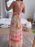 Momnfancy Elegant Pink Tie Dye Gradient Color Multi Way Falbala Backless Lace Up Holiday Beach Maternity Maxi Dress