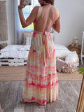 Momnfancy Elegant Pink Tie Dye Gradient Color Multi Way Falbala Backless Lace Up Holiday Beach Maternity Maxi Dress