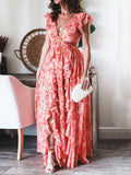 Momnfancy Elegant Pink Floral Side Slit Falbala Cutout Bare Waist Tie Back Backless Holiday Beach Maternity Maxi Dress