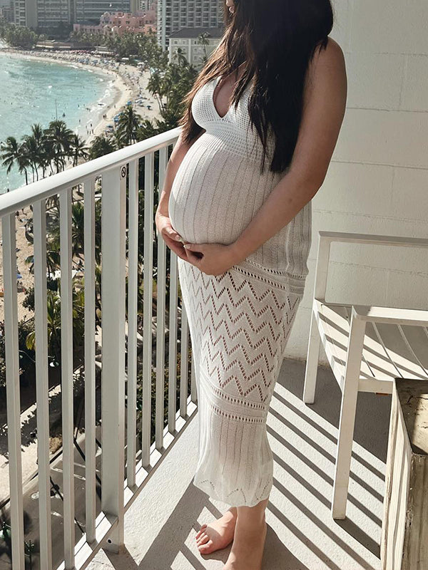 Momnfancy White Knitted Cut Out Deep V-neck Backless Bodycon Bikini Cover Up Chic Maternity Baby Shower Party Maxi Dress