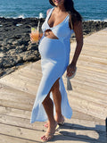 Momnfancy Blue Irregular Cut Out Side Slit V-neck Beach Going Out Chic Maternity Baby Shower Party Maxi Dress