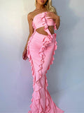 Momnfancy Bandeau Crop Ruffle Ruched Split Bodycon Cute Party Sundresses Baby Shower Maternity Maxi Dress