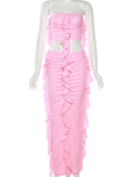 Momnfancy Bandeau Crop Ruffle Ruched Split Bodycon Cute Party Sundresses Baby Shower Maternity Maxi Dress