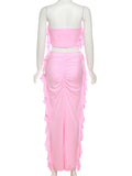 Momnfancy Bandeau Crop Ruffle Ruched Split Bodycon Cute Party Sundresses Baby Shower Maternity Maxi Dress