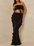 Momnfancy Bandeau Crop Ruffle Ruched Split Bodycon Cute Party Sundresses Baby Shower Maternity Maxi Dress