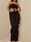 Momnfancy Bandeau Crop Ruffle Ruched Split Bodycon Cute Party Sundresses Baby Shower Maternity Maxi Dress