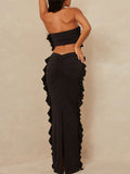Momnfancy Bandeau Crop Ruffle Ruched Split Bodycon Cute Party Sundresses Baby Shower Maternity Maxi Dress