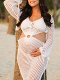 Momnfancy Elegant White Cutout Bare Waist Transparent Crochet Backless Lace Up Holiday Beach Cover-Ups Maternity Maxi Dress