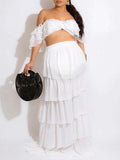 Momnfancy Two Pieces Cascading Ruffle Smocked Falbala Off Shoulder Big Swing Beach Vacation Maternity Photoshoot Baby Shower Maxi Dress