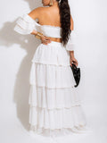 Momnfancy Two Pieces Cascading Ruffle Smocked Falbala Off Shoulder Big Swing Beach Vacation Maternity Photoshoot Baby Shower Maxi Dress