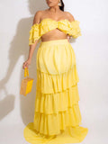 Momnfancy Two Pieces Cascading Ruffle Smocked Falbala Off Shoulder Big Swing Beach Vacation Maternity Photoshoot Baby Shower Maxi Dress