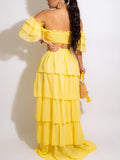 Momnfancy Two Pieces Cascading Ruffle Smocked Falbala Off Shoulder Big Swing Beach Vacation Maternity Photoshoot Baby Shower Maxi Dress