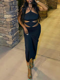 Momnfancy Black Irregular Spaghetti Strap Lace Up Cut Out Side Slit Bodycon Backless Halter Neck Fashion Evening Baby Shower Maternity Maxi Dress