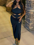 Momnfancy Black Irregular Spaghetti Strap Lace Up Cut Out Side Slit Bodycon Backless Halter Neck Fashion Evening Baby Shower Maternity Maxi Dress