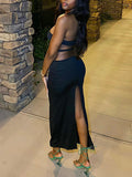Momnfancy Black Irregular Spaghetti Strap Lace Up Cut Out Side Slit Bodycon Backless Halter Neck Fashion Evening Baby Shower Maternity Maxi Dress