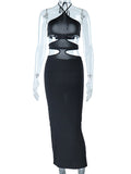 Momnfancy Black Irregular Spaghetti Strap Lace Up Cut Out Side Slit Bodycon Backless Halter Neck Fashion Evening Baby Shower Maternity Maxi Dress