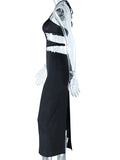 Momnfancy Black Irregular Spaghetti Strap Lace Up Cut Out Side Slit Bodycon Backless Halter Neck Fashion Evening Baby Shower Maternity Maxi Dress