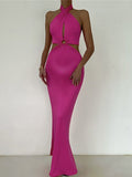Momnfancy Elegant Cutout Bare Waist Backless Tie Back Bodycon Multi Way Holiday Evening Maternity Maxi Dress